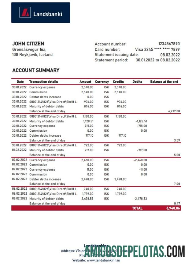Modelo XLS de extrato bancário do Landsbankinn da Islândia